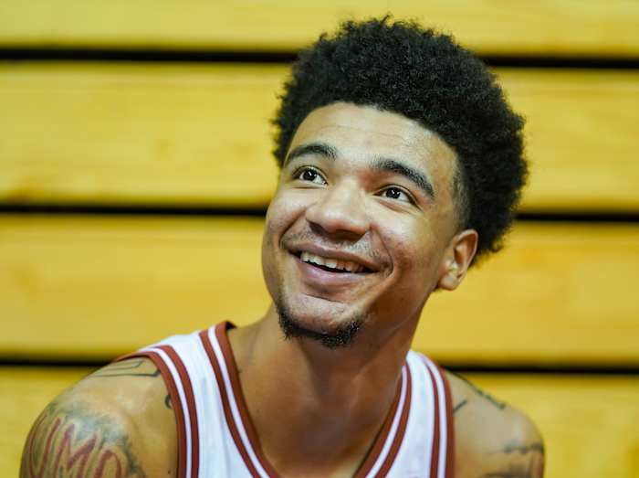 Indiana's Kel'el Ware talks to the media during the Indiana University basketball media day at Simon Skjodt Assembly Hall on Wednesday, Sept. 20, 2023.